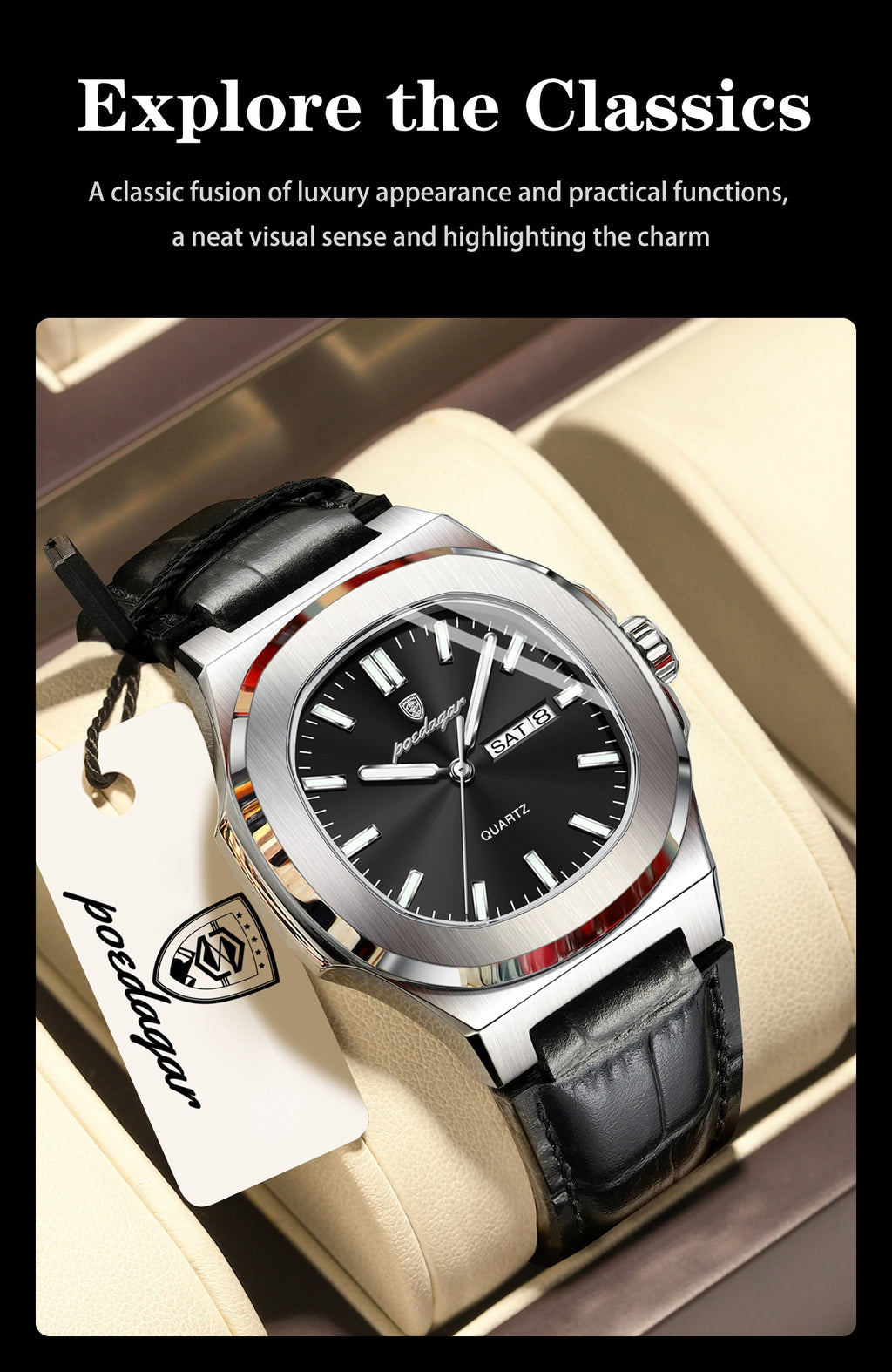 POEDAGAR Fashion Wristwatch For Boyfriend Luminous Waterproof Week Calendar Business Couple Watches Leather Luxury Men's Watches