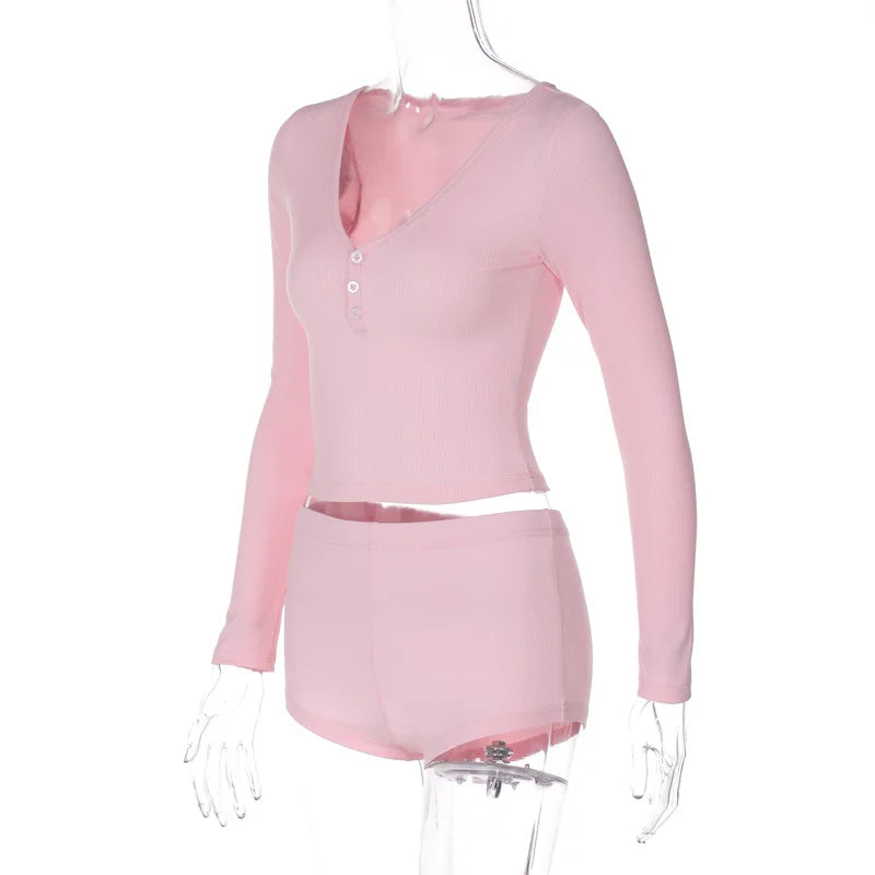 Dulzura 2024 Autumn Women Ribbed 2 Piece Set Long Sleeve T Shirt Micro Shorts Outfits Bodycon Sexy Streetwear Club Matching Suit