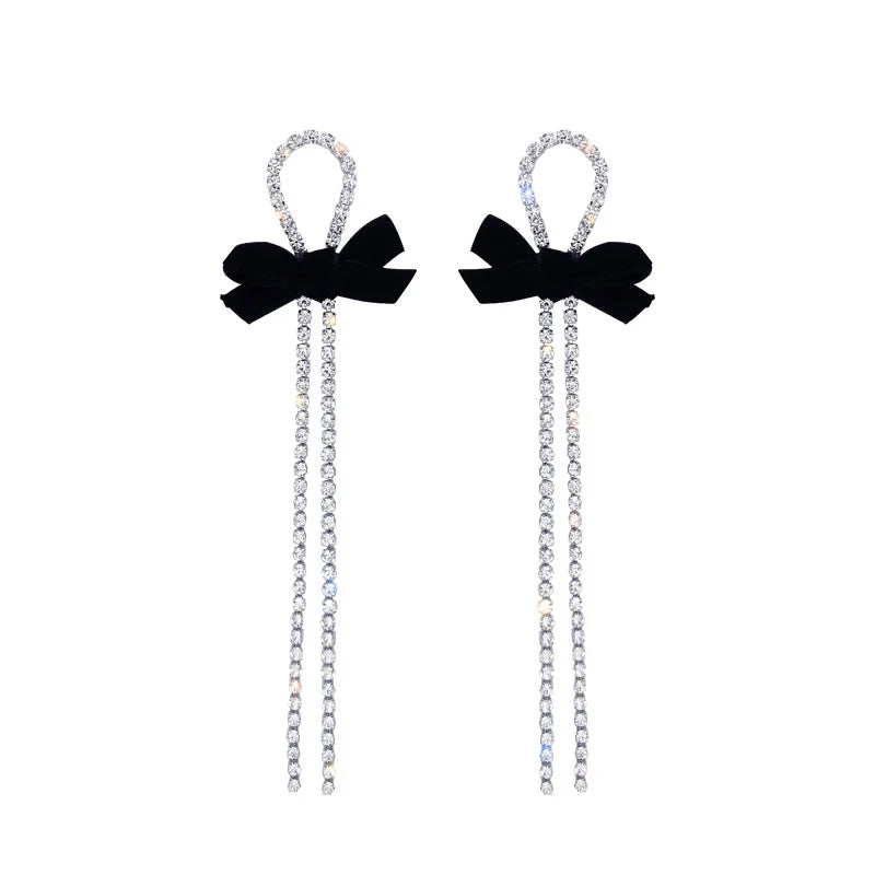 Kiss Jewelry Korean Fashion Black Velvet Bow Long Rhinestone Tassel Earrings for Women Luxury Wedding Shiny Drop Earring Gift