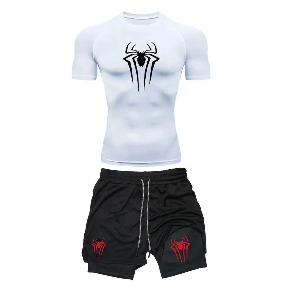 Men's Spider Graphic Workout Set Compression Top & Shorts | Quick Dry Gym Running Fitness outfit ZY0023