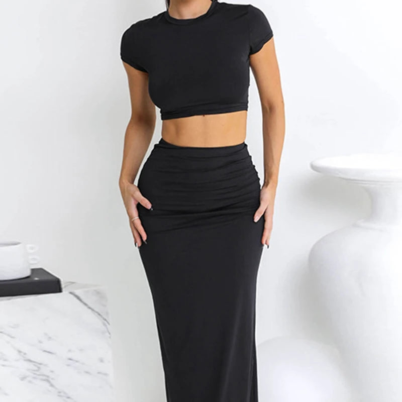 Womens Dress Sets Short Sleeve Crop Tops And Mid Calf Skirt Suit Fashion 2PCS Set Slim Office Lady Summer Suits Clothing QX2413