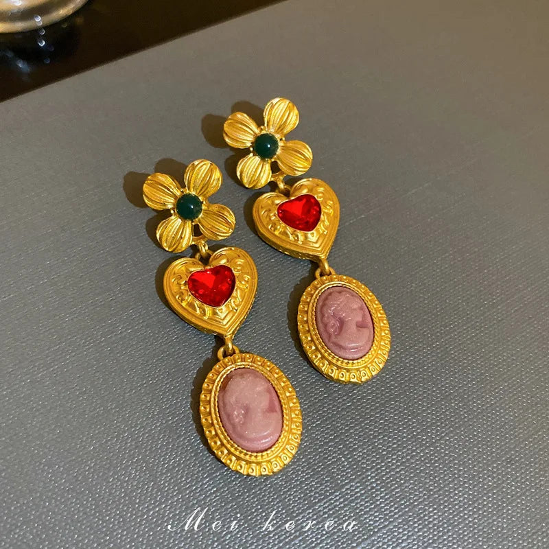 SHMIK Vintage Baroque Women Elegant Rhinestone Heart Earrings Jewelry Exquisite Lady Classic Middle Palace Drop Earring Gift