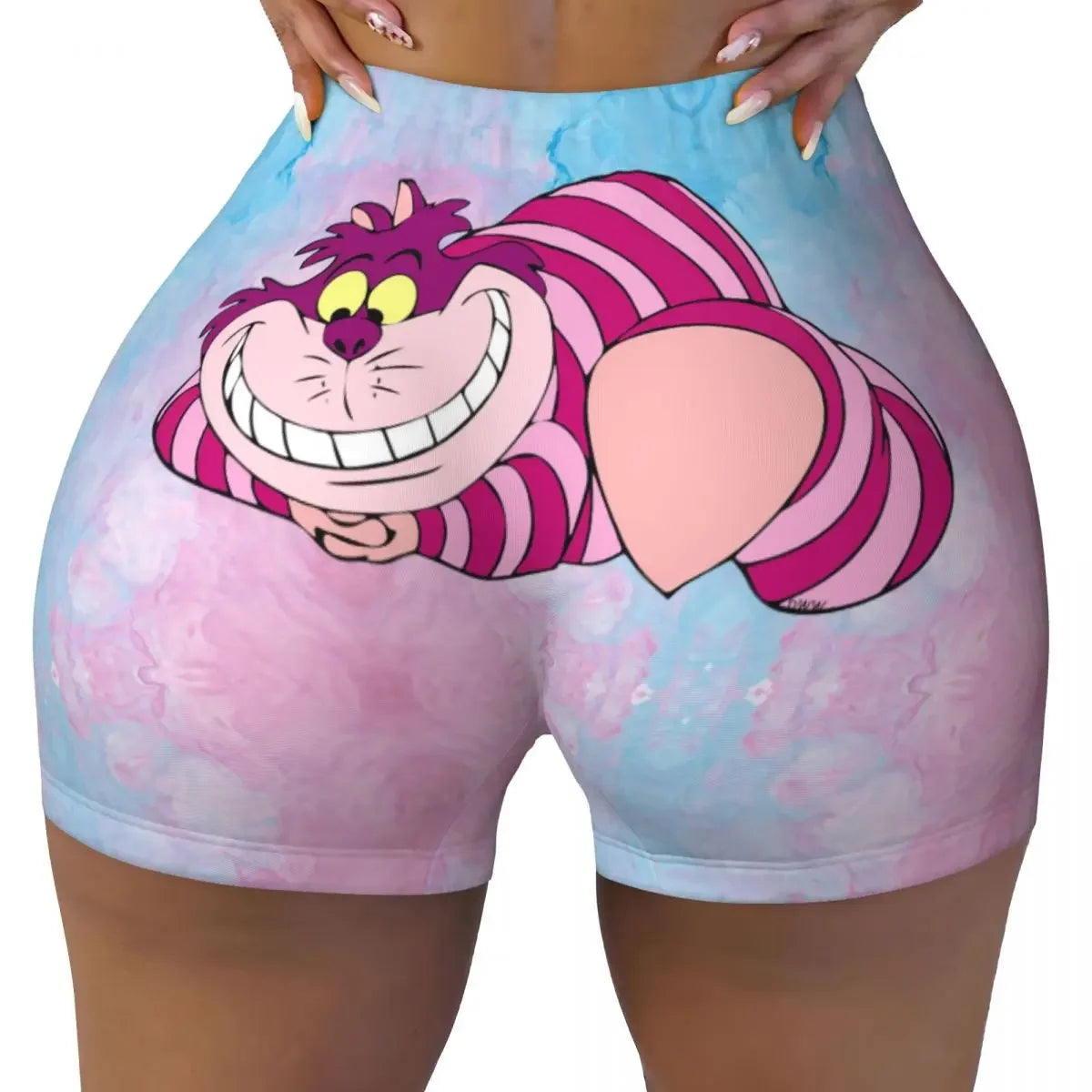 Custom Women's Trippy Striped Cat Workout Yoga Shorts Cheshire Cat Cartoon Gym Athletic Volleyball Biker Shorts