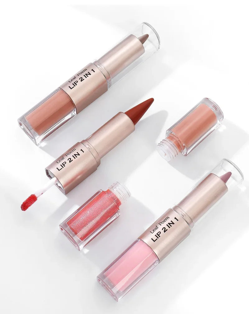 2 in1 Tapered Gradient Lipliner Pen Nude Brown Mirror Glass Lip Gloss Matte Lip Liner Waterproof Lip Contour Non Stick Makeup