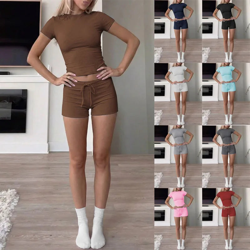 Women's 2026 New Slim Fit Short Sleeve T-Shirt Set – Crewneck Casual Two Piece Outfit, Y2K Streetwear Summer Top & Pants
