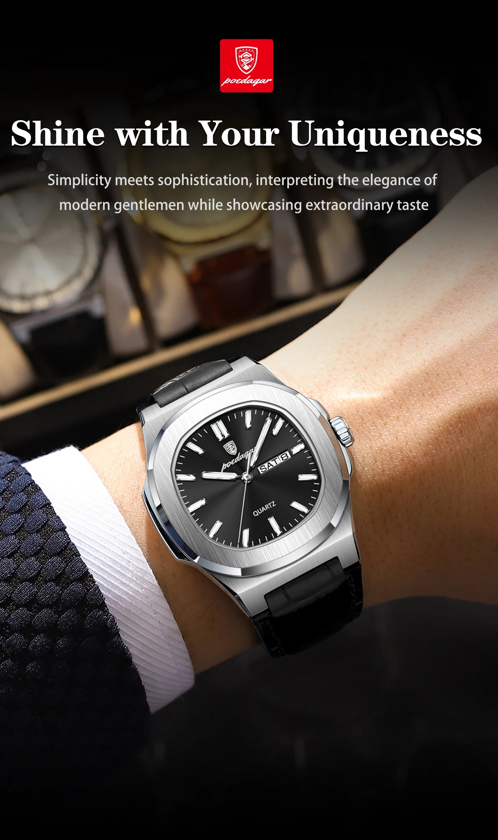 POEDAGAR Fashion Wristwatch For Boyfriend Luminous Waterproof Week Calendar Business Couple Watches Leather Luxury Men's Watches