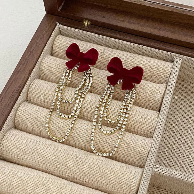 Light Luxury Rhinestone Tassel Flocked Bowknot Earrings Sweet Bow Earring For Women and Girls Party Fashion Jewelry Gifts