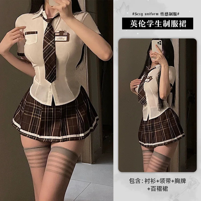 Sexy Jk Uniform Plaid Short Skirt with Bowtie Women's plus Size Polyester Blend Three Quarter Sleeve School Girl Style Dress