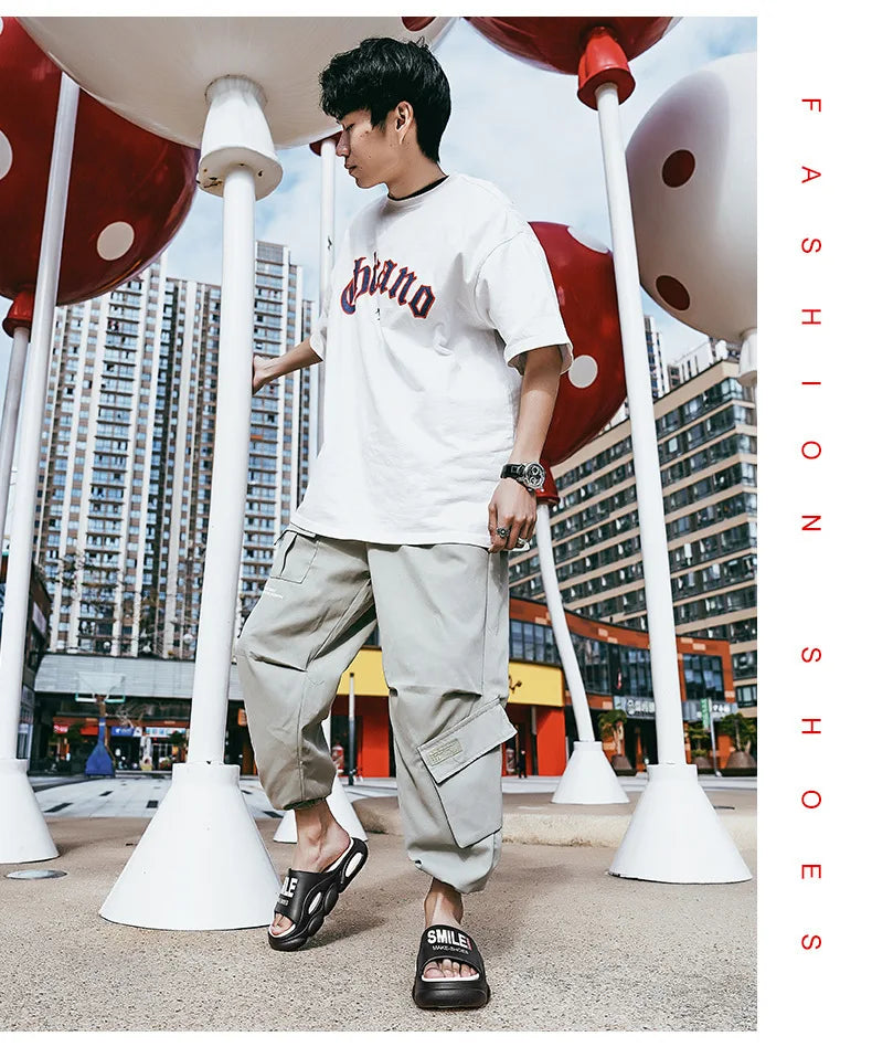 Men Thick Sole Summer Beach Slides Bathroom Anti Slip Slipper Soft Sandals Simplicity Ultra Light Letter Shoes Men Slippers