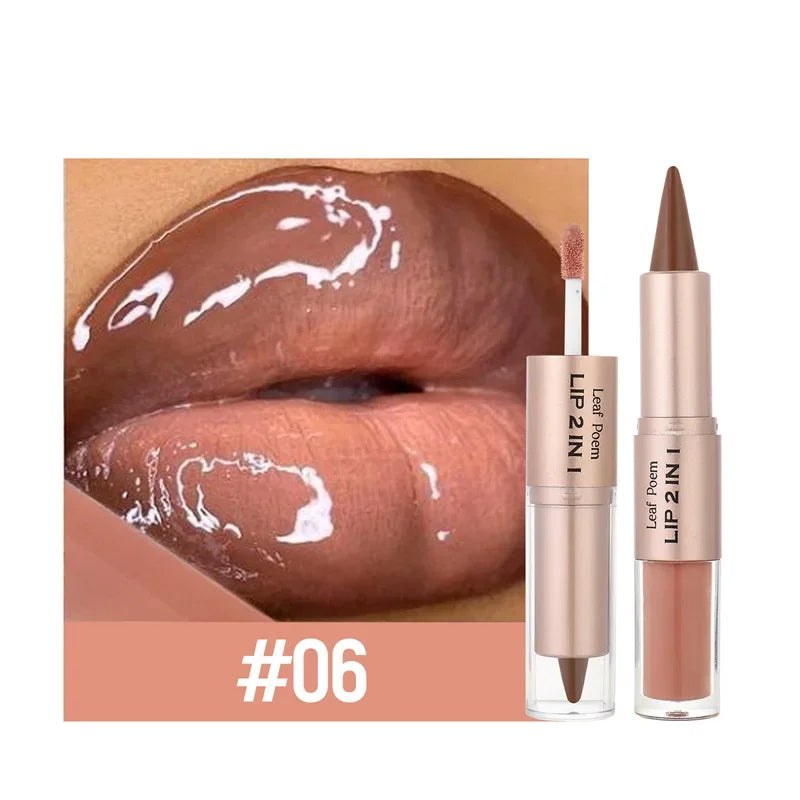 2 in1 Tapered Gradient Lipliner Pen Nude Brown Mirror Glass Lip Gloss Matte Lip Liner Waterproof Lip Contour Non Stick Makeup