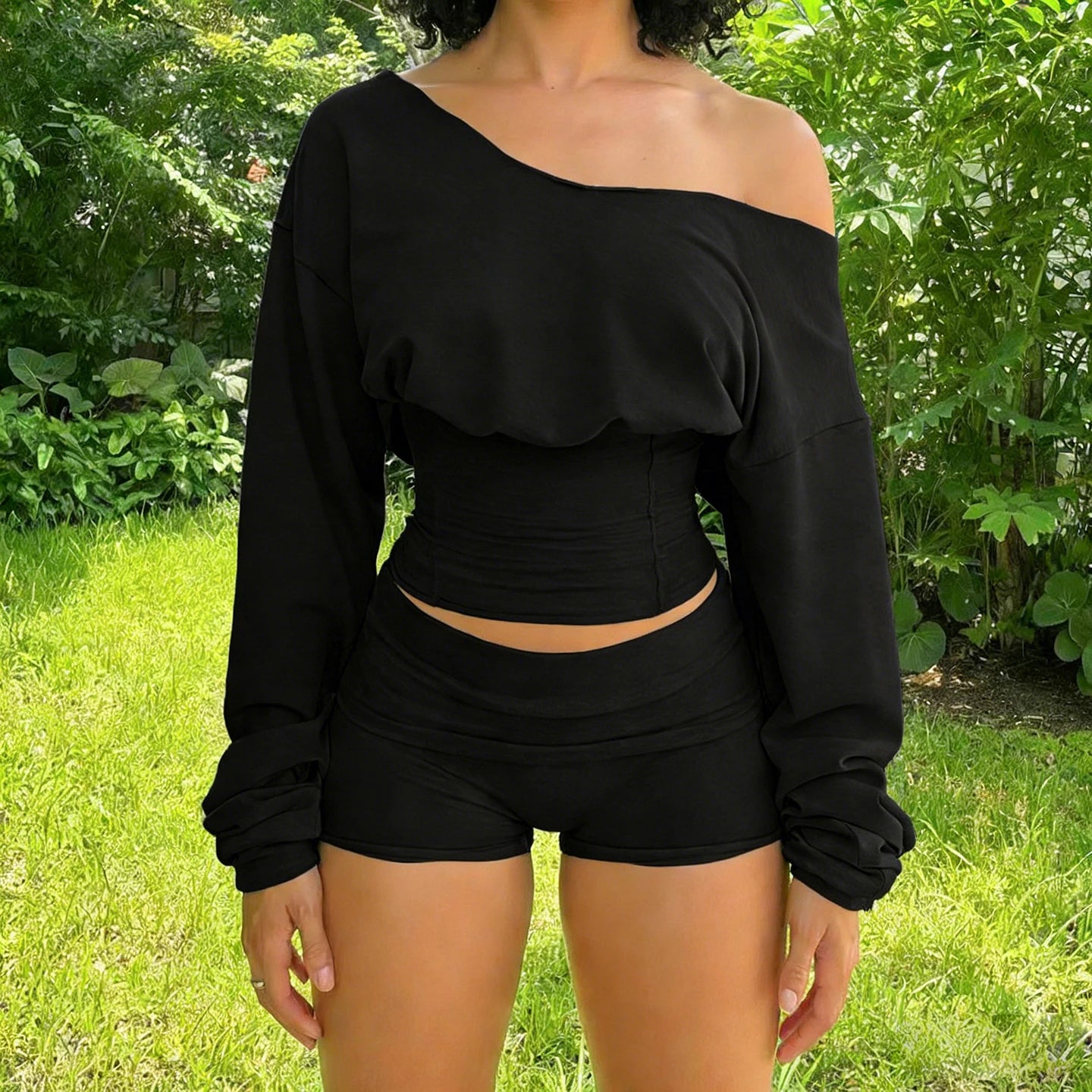 SUCHCUTE Woman 2 Piece Set Sexy Slash Neck Long Sleeve Crop Tops + Shorts Tracksuits Casual Solid Two Piece Outfits Spring 2pcs