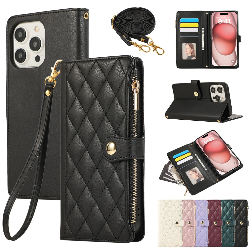 Crossbody Zipper Cards Solt Wallet Leather Case For iPhone 16 Pro Max 15 Plus 14 13 12 11 SE2022 Bag Purse Flip Book Strap Cover
