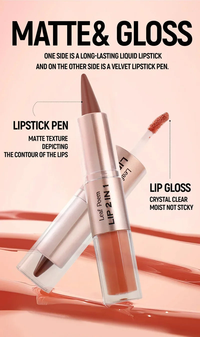2 in1 Tapered Gradient Lipliner Pen Nude Brown Mirror Glass Lip Gloss Matte Lip Liner Waterproof Lip Contour Non Stick Makeup