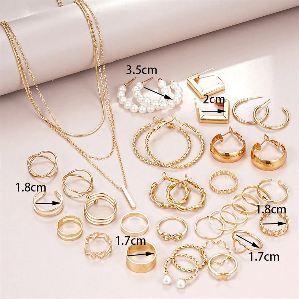 29 Piece Alloy Metal Style Women Earring Necklace Ring Earring Jewelry Set Women Daily Party Versatile Fashion Accessories