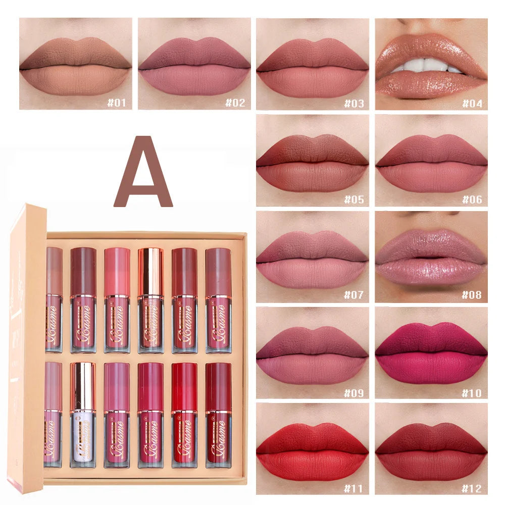 SAM SUGAR 12-Color Lip Gloss Lipstick Set Liquid Matte Velvet Women's Makeup Long-Lasting Waterproof Christmas gift