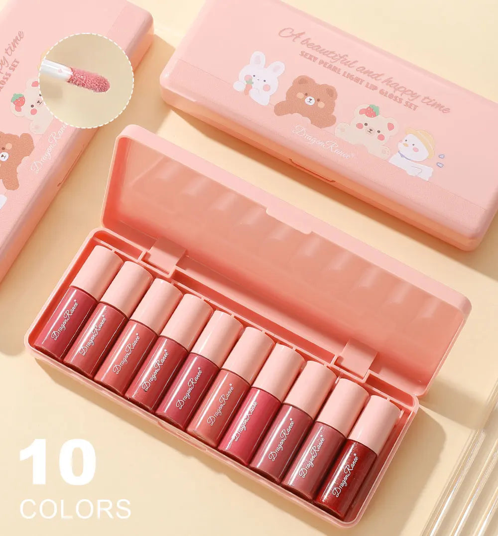 Set of 10 Fine Shimmer Lip Glosses, Easy-To-Apply Lip Glaze, Non-Stick, Non-Fading, Moisturizing, Shiny Lip Gloss, Glass Lip Gloss with Fine Shimmer and Pearlescent Effect