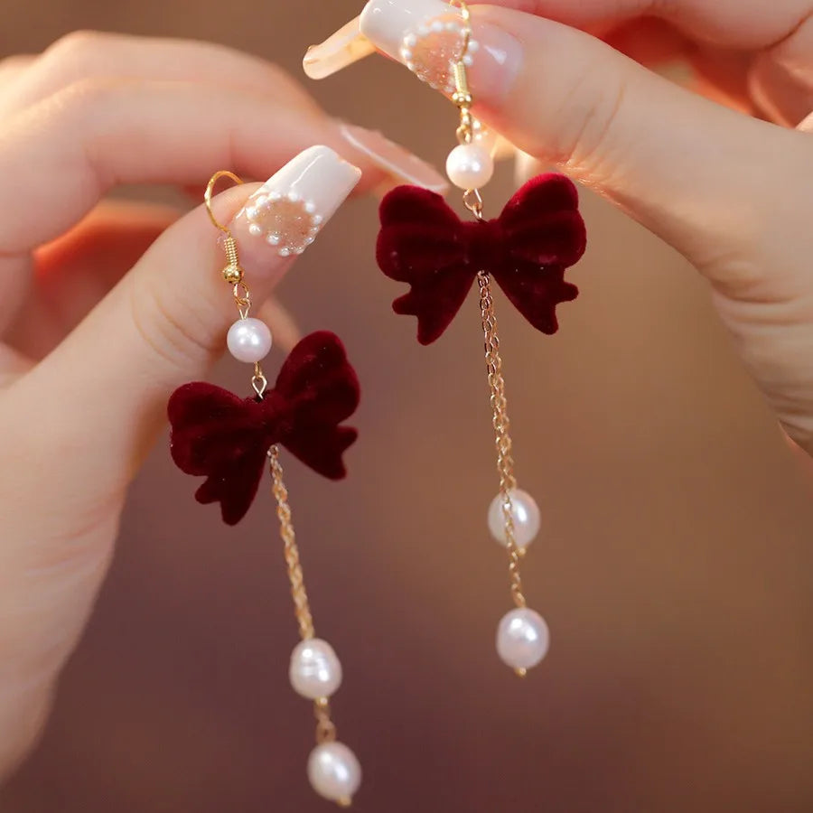 Light Luxury Rhinestone Tassel Flocked Bowknot Earrings Sweet Bow Earring For Women and Girls Party Fashion Jewelry Gifts