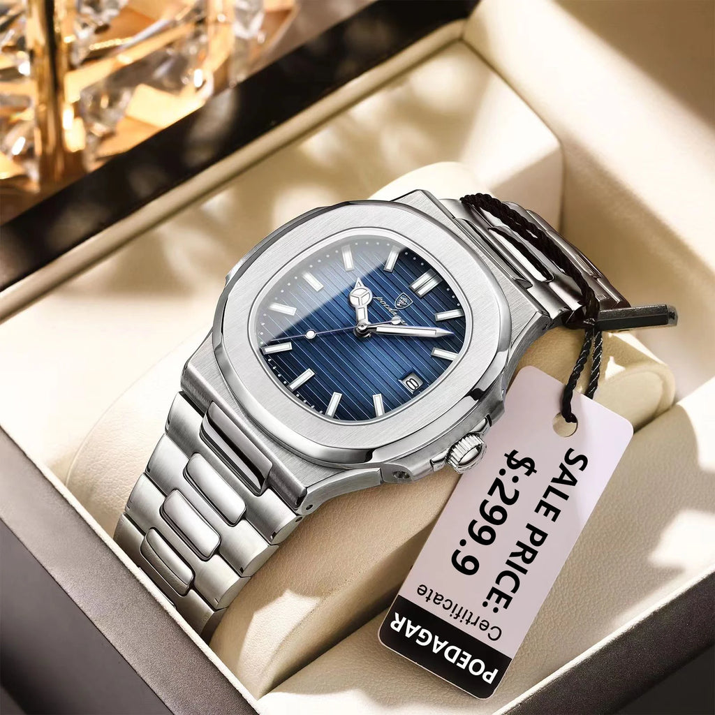 POEDAGAR Square Luxury Men Wristwatch Waterproof Luminous Date Stainless Steel Male Clock Business Sports Quartz Watches For Men