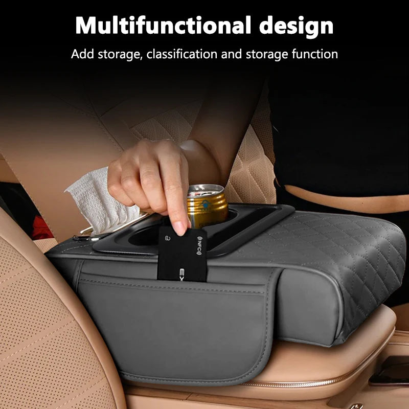 Car Armrest Storage Box, Car Center Console Organizer, Armrest Heightening Cushion with Cup Holder Armrest Storage Organizer Box