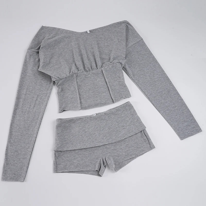SUCHCUTE Woman 2 Piece Set Sexy Slash Neck Long Sleeve Crop Tops + Shorts Tracksuits Casual Solid Two Piece Outfits Spring 2pcs