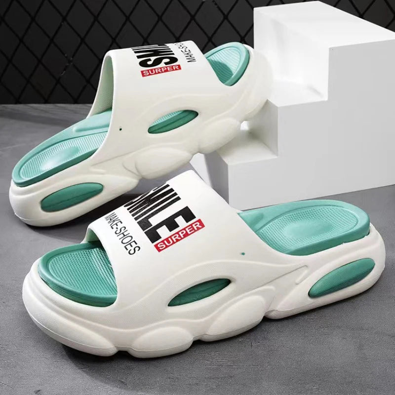 Men Thick Sole Summer Beach Slides Bathroom Anti Slip Slipper Soft Sandals Simplicity Ultra Light Letter Shoes Men Slippers