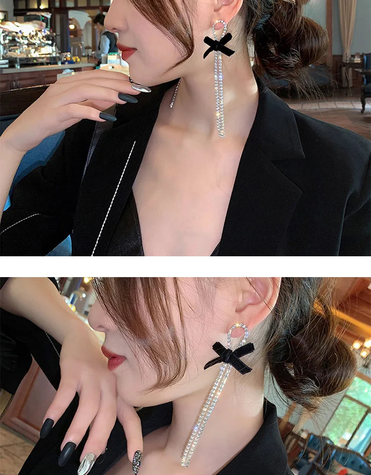 Kiss Jewelry Korean Fashion Black Velvet Bow Long Rhinestone Tassel Earrings for Women Luxury Wedding Shiny Drop Earring Gift