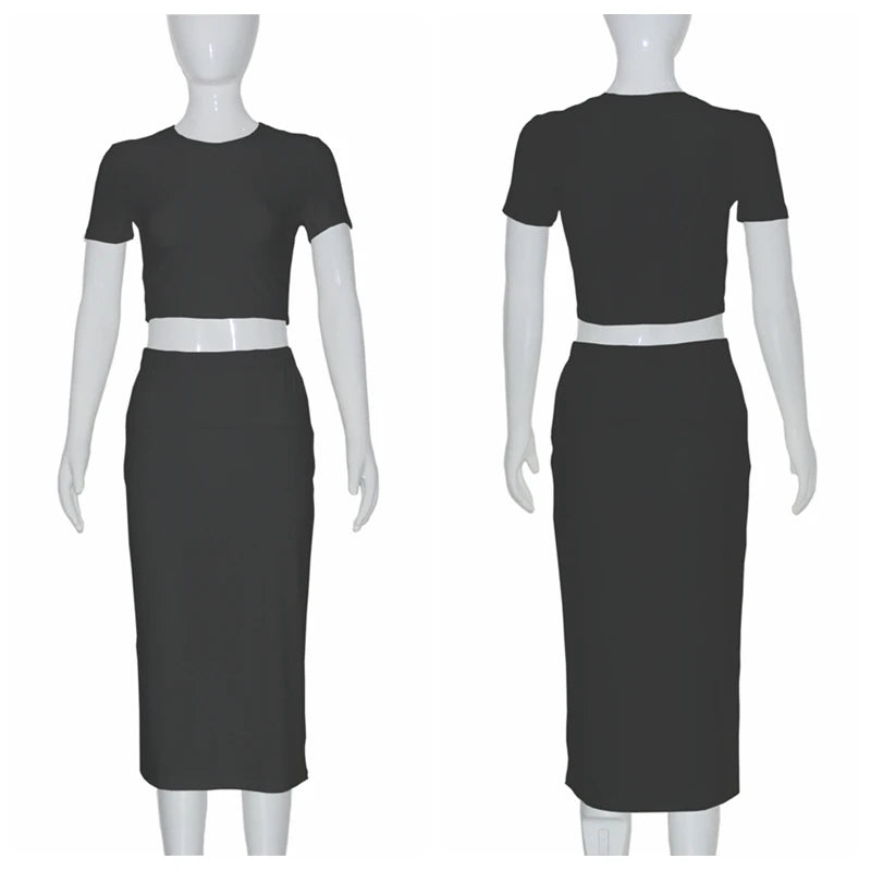 Womens Dress Sets Short Sleeve Crop Tops And Mid Calf Skirt Suit Fashion 2PCS Set Slim Office Lady Summer Suits Clothing QX2413