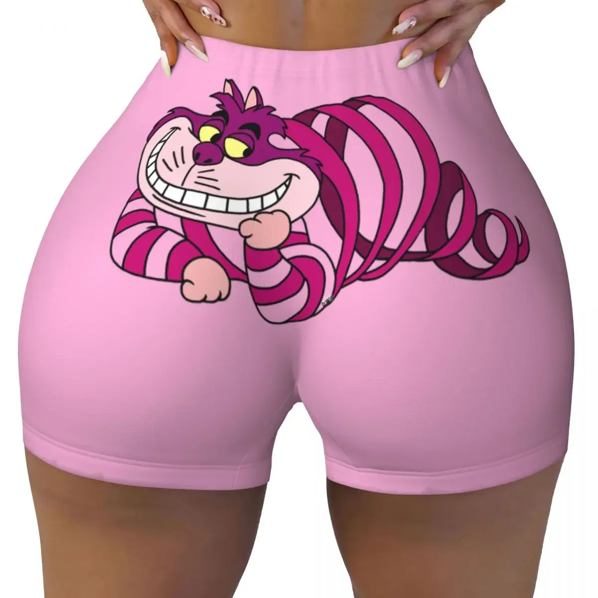 Custom Women's Trippy Striped Cat Workout Yoga Shorts Cheshire Cat Cartoon Gym Athletic Volleyball Biker Shorts