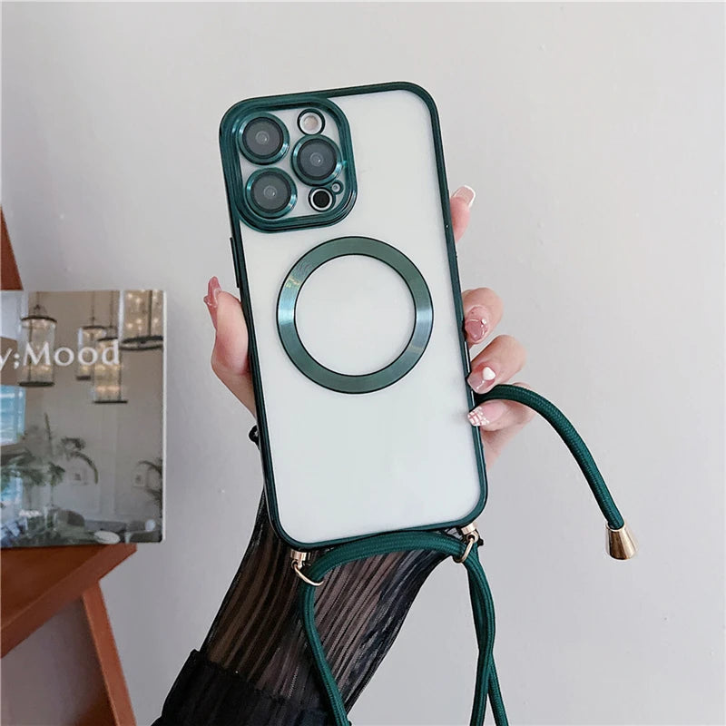 Plating Clear Magnetic For Magsafe Wireless Charging Cases For iPhone 17 16 15 14 12 13 Pro Max Crossbody Lanyard Necklace Cover