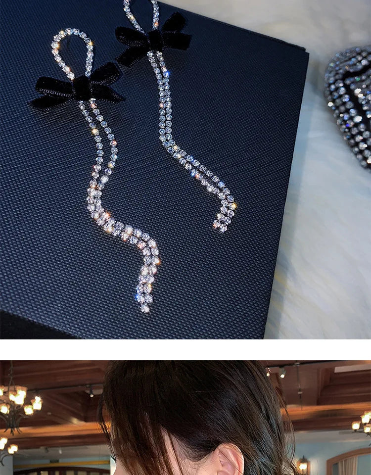 Kiss Jewelry Korean Fashion Black Velvet Bow Long Rhinestone Tassel Earrings for Women Luxury Wedding Shiny Drop Earring Gift