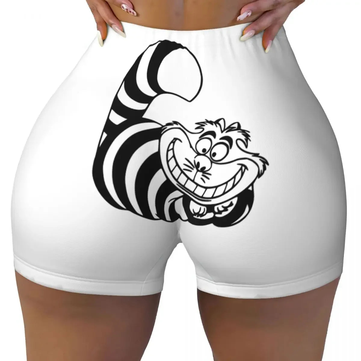 Custom Women's Trippy Striped Cat Workout Yoga Shorts Cheshire Cat Cartoon Gym Athletic Volleyball Biker Shorts