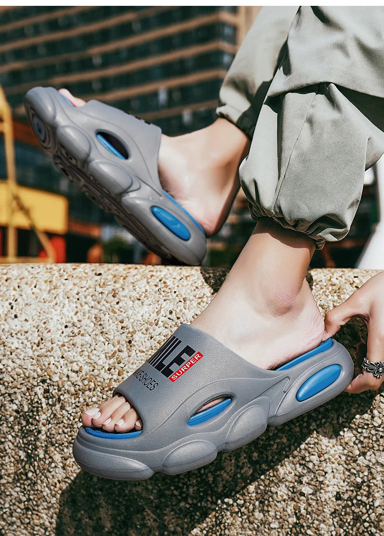 Men Thick Sole Summer Beach Slides Bathroom Anti Slip Slipper Soft Sandals Simplicity Ultra Light Letter Shoes Men Slippers