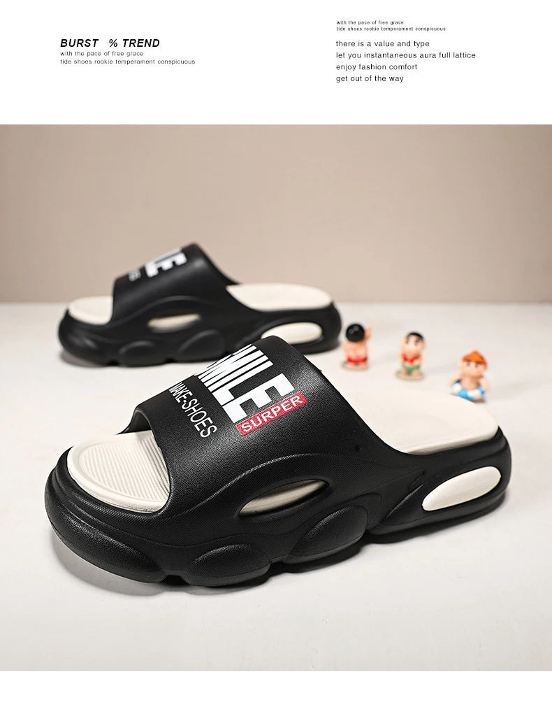 Men Thick Sole Summer Beach Slides Bathroom Anti Slip Slipper Soft Sandals Simplicity Ultra Light Letter Shoes Men Slippers