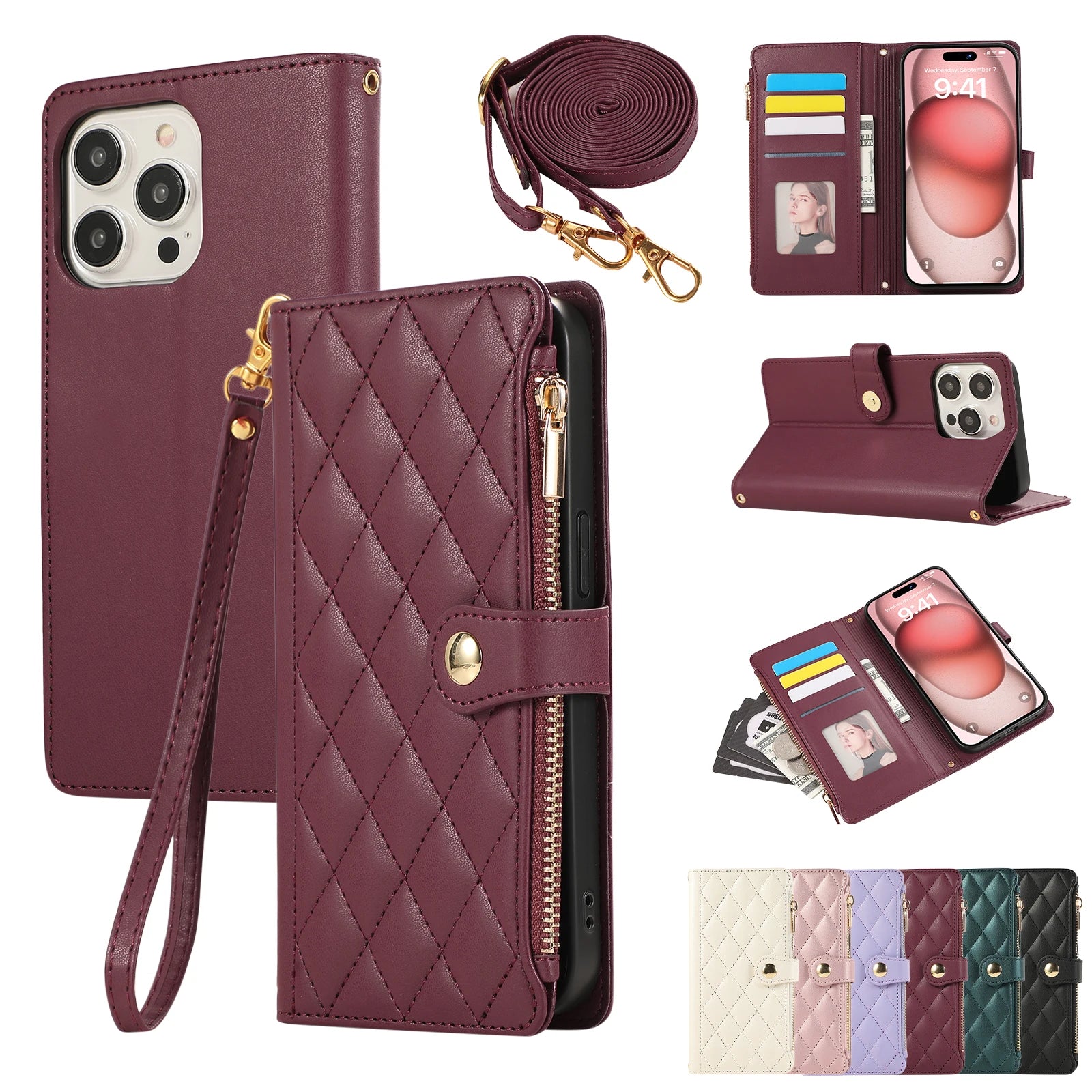 Crossbody Zipper Cards Solt Wallet Leather Case For iPhone 16 Pro Max 15 Plus 14 13 12 11 SE2022 Bag Purse Flip Book Strap Cover