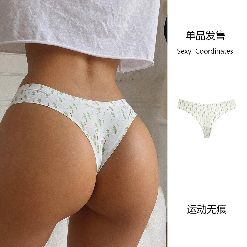 SP&CITY Graffiti Printed Ice Silk Sexy Thong Low Waist Sports Sexy Women's Underwear Fitness Traceless Panties Seamless Briefs