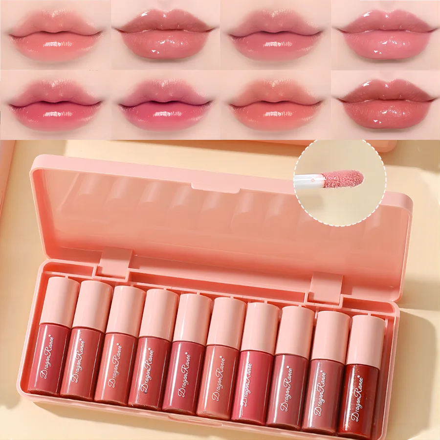 Set of 10 Fine Shimmer Lip Glosses, Easy-To-Apply Lip Glaze, Non-Stick, Non-Fading, Moisturizing, Shiny Lip Gloss, Glass Lip Gloss with Fine Shimmer and Pearlescent Effect