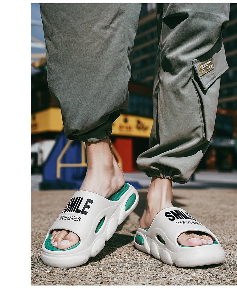 Men Thick Sole Summer Beach Slides Bathroom Anti Slip Slipper Soft Sandals Simplicity Ultra Light Letter Shoes Men Slippers