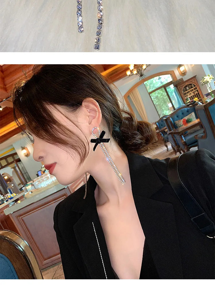 Kiss Jewelry Korean Fashion Black Velvet Bow Long Rhinestone Tassel Earrings for Women Luxury Wedding Shiny Drop Earring Gift