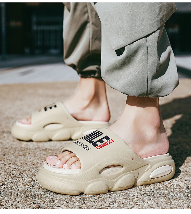 Men Thick Sole Summer Beach Slides Bathroom Anti Slip Slipper Soft Sandals Simplicity Ultra Light Letter Shoes Men Slippers
