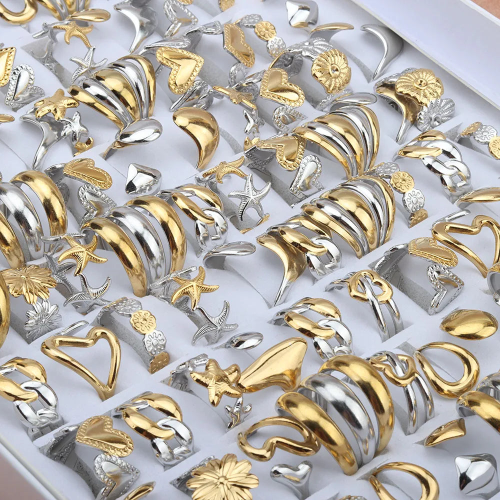 10pcs/lot Wholesale Double Color Adjustable Open Mix Stainless Steel Ring Wedding Engagement Rings Lovers Couples Unisex Jewelry