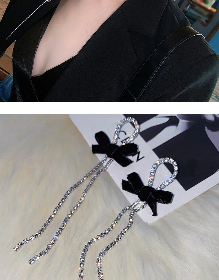 Kiss Jewelry Korean Fashion Black Velvet Bow Long Rhinestone Tassel Earrings for Women Luxury Wedding Shiny Drop Earring Gift