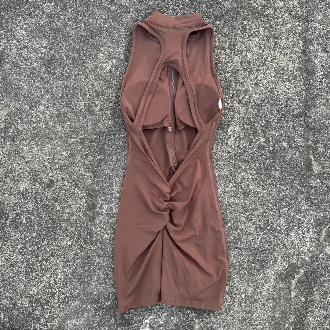 Solid color Back Waist Scrunch Backless  Yoga Jumpsuit Short Set Women Zipper Sportswear Fitness One Piece Sports Suit Workout