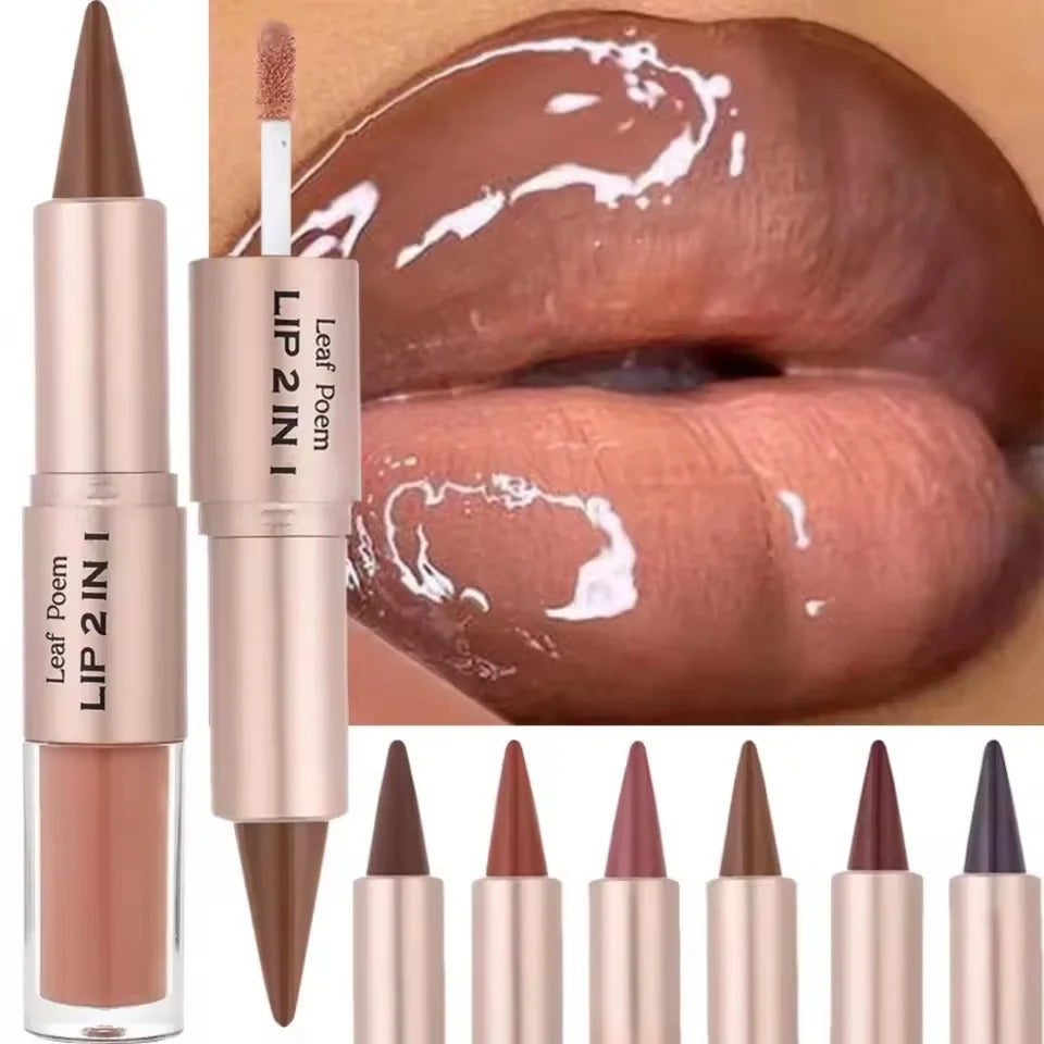 2 in1 Tapered Gradient Lipliner Pen Nude Brown Mirror Glass Lip Gloss Matte Lip Liner Waterproof Lip Contour Non Stick Makeup
