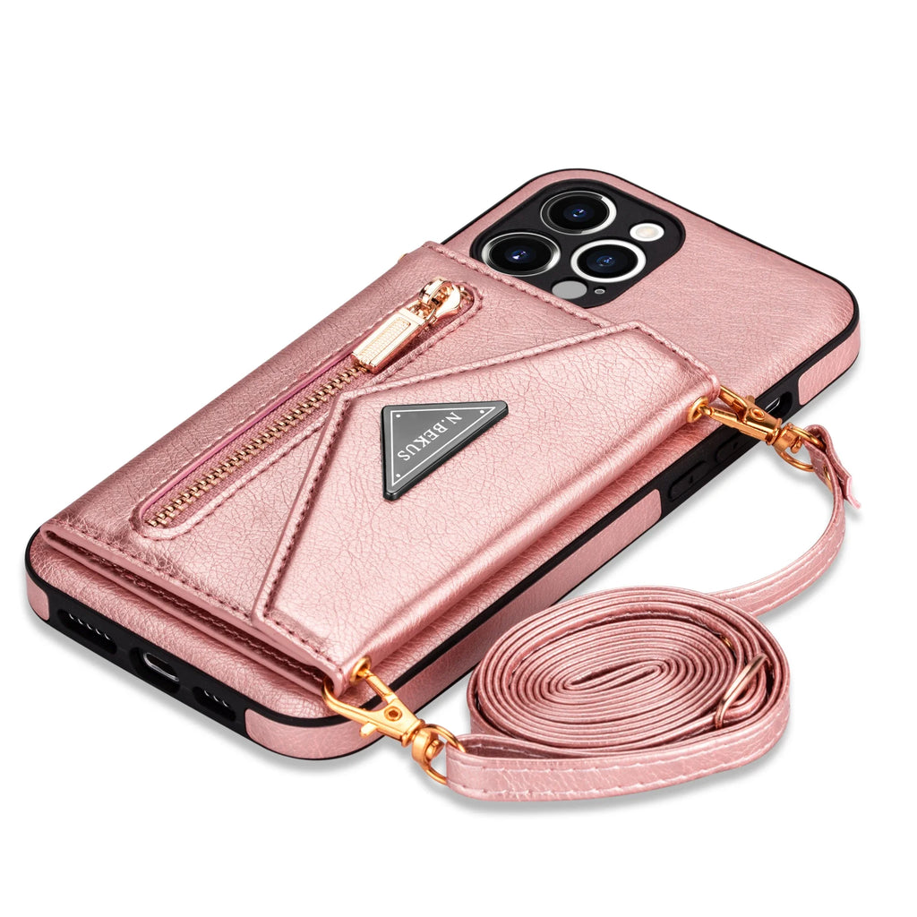 Zipper Wallet for IPhone 15 14 13 16 17 Air Pro Max 12 Mini 11 Plus Case with Card Holder Lanyard Strap Crossbody Leather Cover