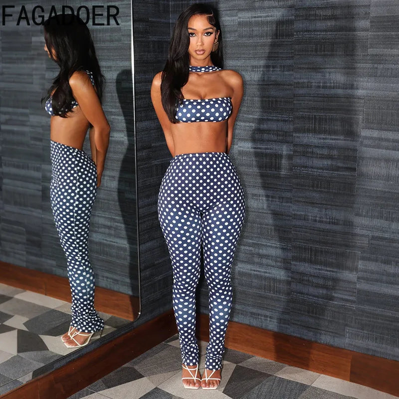 FAGADOER Fashion Polka Dot Print Two Piece Sets Women Sleeveless Backless Tube And Skinny Pants Outfits Sexy Trend Streetwear