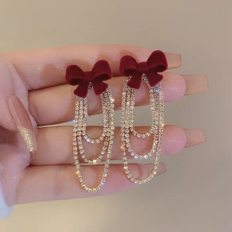 Light Luxury Rhinestone Tassel Flocked Bowknot Earrings Sweet Bow Earring For Women and Girls Party Fashion Jewelry Gifts