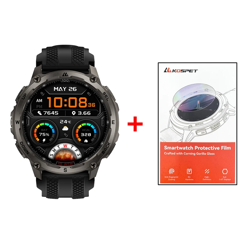 KOSPET Tank T4 Smart Watch for Men with 32GB Storage 6-Sat GPS Offline Maps 10ATM Waterproof Heart Rate Diving Skiing Hiking