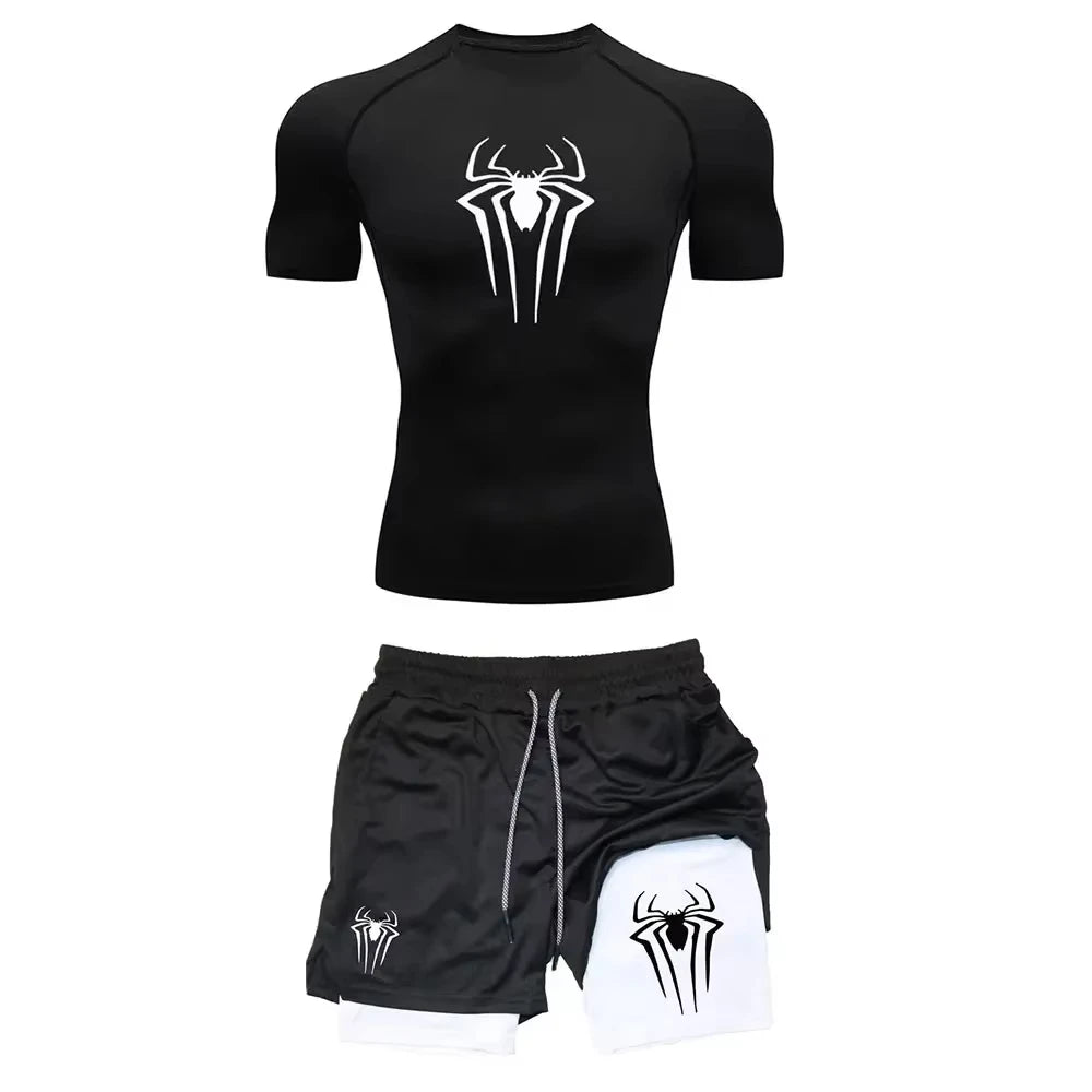 Men's Spider Graphic Workout Set Compression Top & Shorts | Quick Dry Gym Running Fitness outfit ZY0023