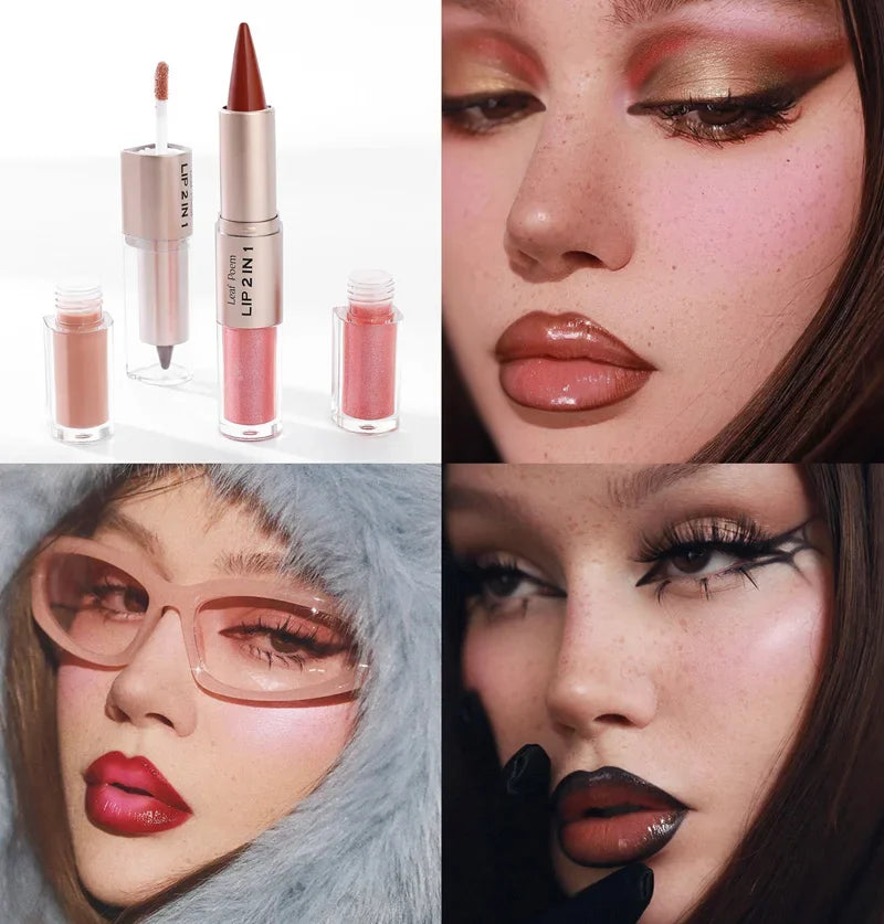 2 in1 Tapered Gradient Lipliner Pen Nude Brown Mirror Glass Lip Gloss Matte Lip Liner Waterproof Lip Contour Non Stick Makeup