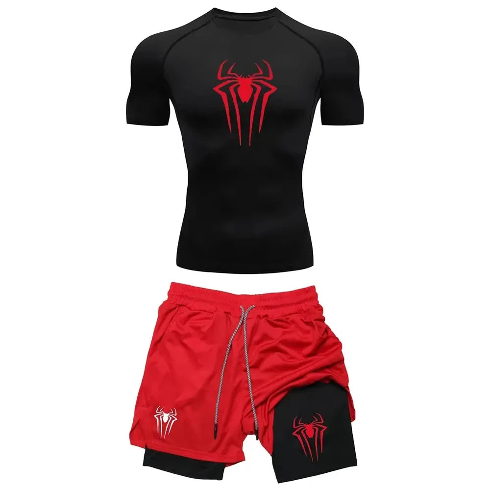 Men's Spider Graphic Workout Set Compression Top & Shorts | Quick Dry Gym Running Fitness outfit ZY0023